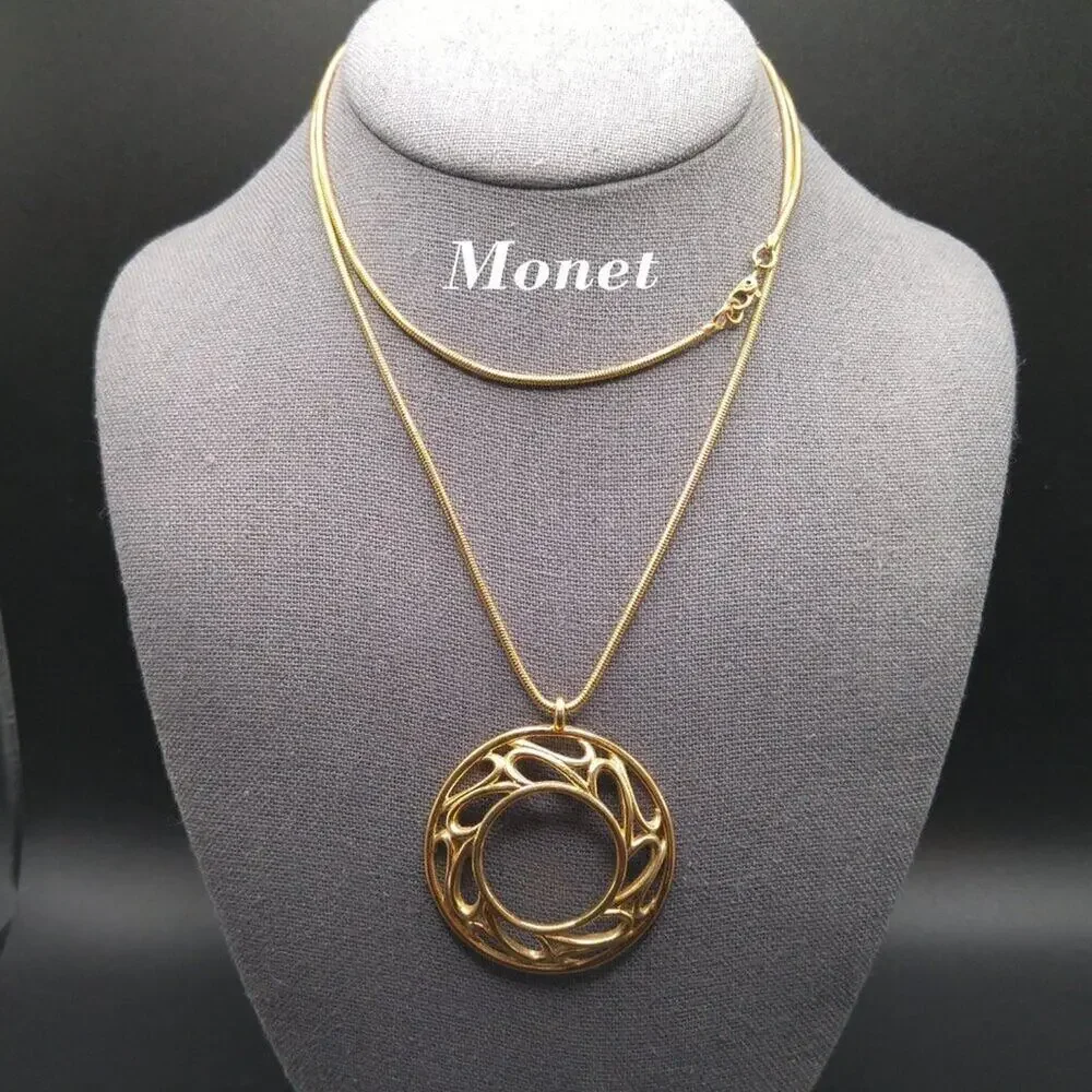 Monet Vintage Pendant Necklace, Gold Plated, Snake Chain, Sister Clasp, 30 Inch